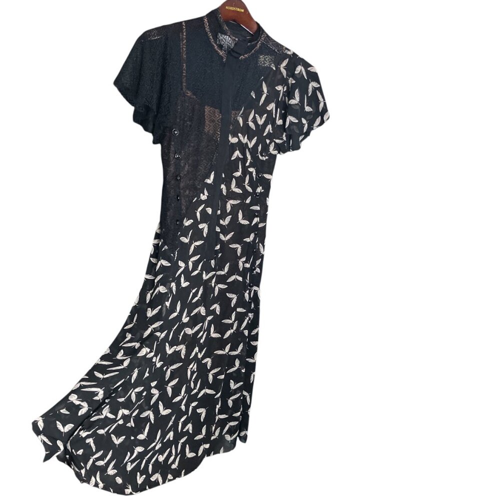 Byron Lars Beauty Mark Anthropologie 2 Black Lace Feather A-Line Button‎ Dress
